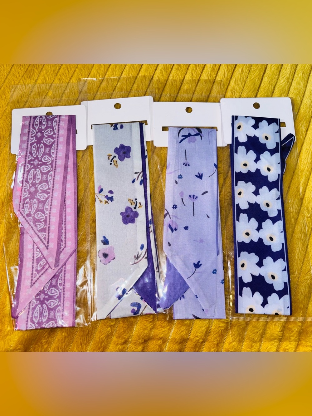 Set of 4 Twilly Skinny Scarves – Purple Floral & Paisley Prints – New